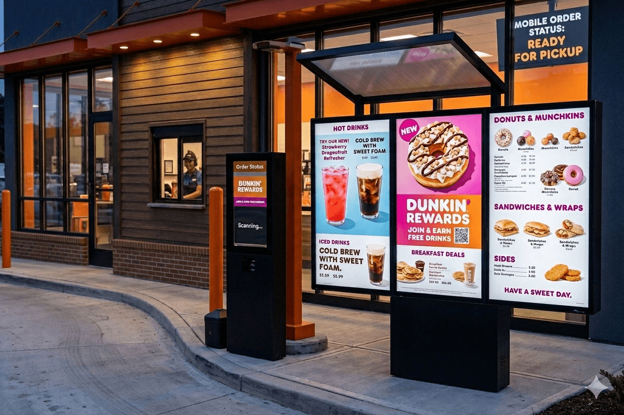 Dunkin' store interior at dusk with bright digital menu boards