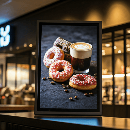 Close-up of a digital menu board displaying coffee and donut graphics